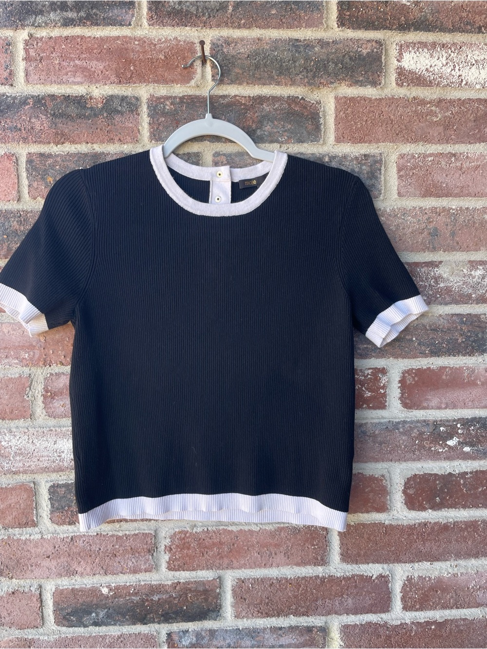 Maje Black Knit Short-Sleeve Top with White Trim
